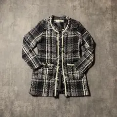 ツイード チェック ロングジャケット 黒白　古着女子　昭和レトロ　ヴィンテージ
