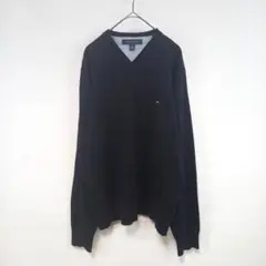 トミーヒルフィガー　Vネック　ニット　セーター　コットン　刺繍ロゴ　無地　黒　L