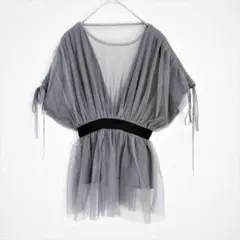 ギャレリー フレンチ袖 カットソー 美品 フリーサイズ M グレー ブルーのサムネイル