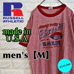 y611 USA製【RUSSELL】プリントTシャツ【メンズM】杢サーモンピンク