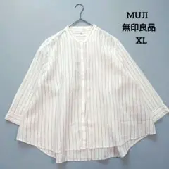 MUJI 無印良品 リネンスタンドカラー七分袖ストライプシャツ XL