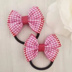 タータンチェック柄リボンヘアゴム〈ピンク×赤〉キッズ髪ゴム/ハンドメイド