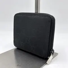 美品 GUCCI 二つ折り財布 GGキャンバス レザー ラウンド ブラック