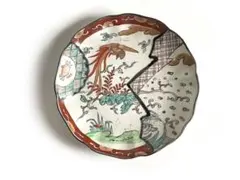 骨董　アンティーク　色絵　鳳凰　亀　吉祥文様　輪花縁　皿　お祝い膳