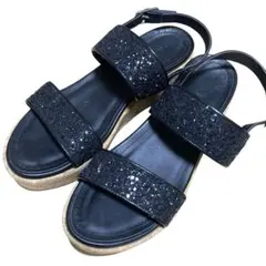 美品 DIANA ダイアナ グリッター ストラップ サンダル ウェッジヒール 黒