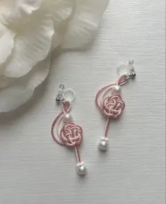 #1706 水引アクセサリー　ト音記号　ノンホールピアス　イヤリング　ピンク