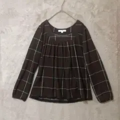 Klein plus♡Uネック スモッキングカットソー チェック ブラウン 40
