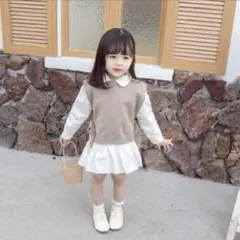 襟付き長袖ワンピース　リボンベスト付き　80㎝　ベージュ