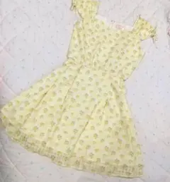 cherite オフショルダー イエロー ギンガムチェック花柄ワンピース