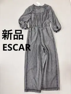 新品未使用⭐︎ESCAR オールインワン　ブラックデニム風　七分袖 バルーン袖