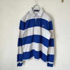 ポロ　ラルフローレン　太ボーダー　ポロシャツ　マリンブルー　L
