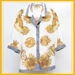 古着　総柄　七分袖　シャツ　日本製　柄シャツ　メンズ　金ボタン