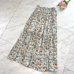 ユニクロ×イネスコラボ　花柄フレアスカートグレーS総柄春夏ギャザー楽ちん落ち感