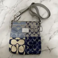良品 COACH ポーチ キャンバス ブルー シグネチャー パッチワーク 