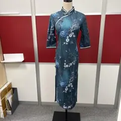 チャイナドレス 深緑 花柄 スタンドカラー