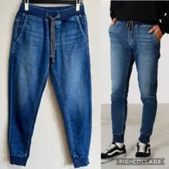 アズール Mサイズ ストレッチドビーデニムスリムジョガーパンツドロスト裾リブ切替