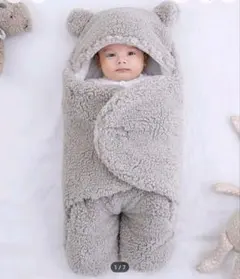 【一度だけ使用】クマ耳付きフリースおくるみ