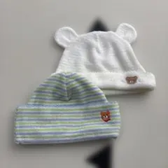 ベビー帽子2点セット（耳付き、クマ刺繍）