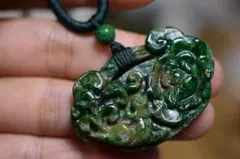 RS7-186 一点物 鳳凰牡丹如意牌 彫り花 本翡翠 ネックレス 平安御守