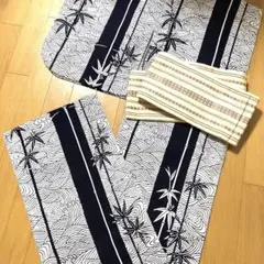SALE❤️ ヴィンテージ￼￼綿　浴衣　白×紺　竹と波模様