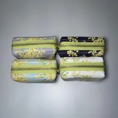 ハンドメイド ミモザ柄 ミニポーチ 4個セット　ファスナーライトグリーン