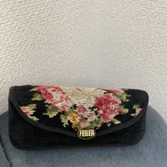 FEILER 花柄刺繍 メガネケース 黒