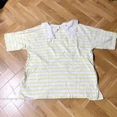 レース襟付き白黄色ボーダー半袖トップス　プラスサイズ　M-L