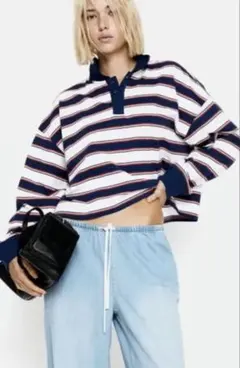 H&M ボーダーポロシャツ　コットン　ショート丈長袖