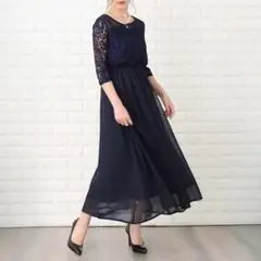 Lace Ladies レース切り替え 七分袖 フォーマルワンピース ドレス L