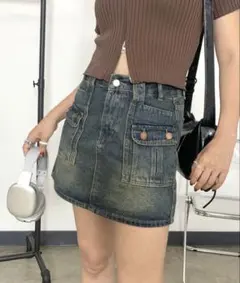 ダークデニム タイトスカート ポケット付き