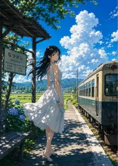 【イラスト】夏の駅と少女 アートポスター