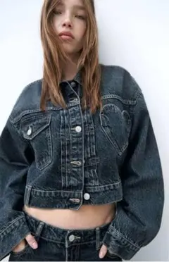 ZARA ダークデニム クロップドジャケット　ハート