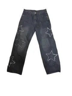 星形刺繍ダークデニムワイドレッグパンツ