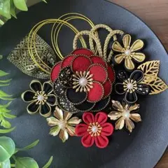 つまみ細工 髪飾り 成人式 卒業式 前撮り 赤黒金 11点セット【305】