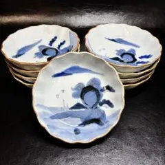 伊万里　染付大根鼠図　輪花皿　なます皿　３枚セット　デッドストック 伊万里 染付大根鼠図 輪花皿 なます皿 3枚セット デッドストック