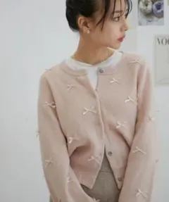 Vis リボン ニットカーディガン ピンク