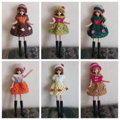 ジェニーちゃんリカちゃん　透かし編みスカートのニットワンピースと帽子6着