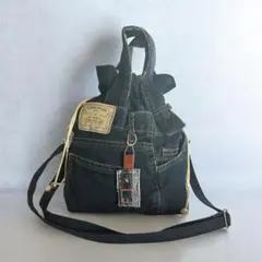 2way 巾着バッグ リメイクデニム ショルダーベルト付き