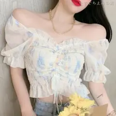 2021夏韓版フリルフリルシフォンシャツ甘美小子バブルスリーブ巾着帯上衣女潮 O