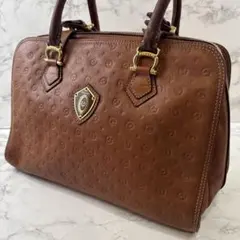 POLLINI ポリーニ ロゴエンボス 本革 レザー ボストン型ハンドバッグ 茶のサムネイル