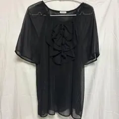 美品：persodea 半袖チュニック ブラック フリル ドット柄 L