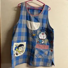 ドラえもん エプロン 青とグレー チェック　保育士　看護　介護