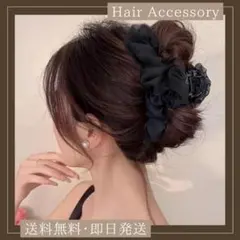 シフォンヘアクリップ 黒 バンスクリップ 髪留め 大きめ バレッタ 韓国 リボンのサムネイル