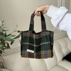 By soozakka グリーン系チェック トートバッグ 小型　秋冬用