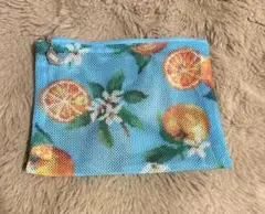 美品 フェイラー メッシュポーチ オレンジ柄 約２０ｃｍ×１５ｃｍ