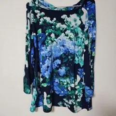 極美品✨総柄 花柄 ボタニカル チュニック ブラウス ブルー系