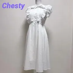 チェステイ　ひざ丈ワンピース　半袖　フリル　チェック　リボン　ホワイト　サイズ0