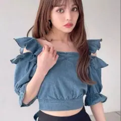 GRL デニム 半袖ブラウス フリル リボン Mサイズ
