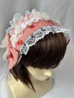 ピンクいちご柄 ヘッドドレス レース付き ハンドメイド ロリィタ　サブカル