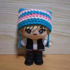 ⑥水色×白×ピンク ボーダー ネコ耳ニット帽 手編み 毛糸